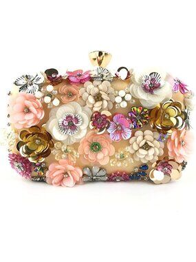 Women Gold Clutches Top Flower Chain Strap Evening Handbag Shoulder Bag